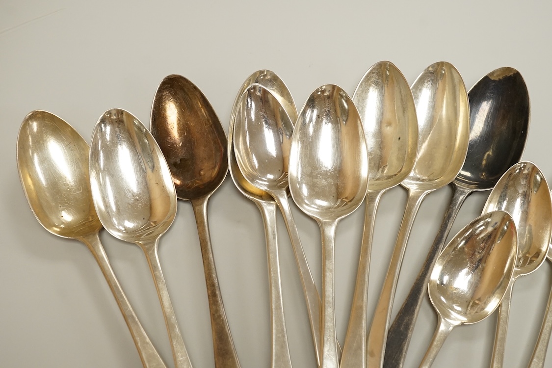 A set of eight early Victorian silver Old English pattern table spoons and eight matching dessert spoons, by Mary Chawner, London, 1839, 27.6oz.